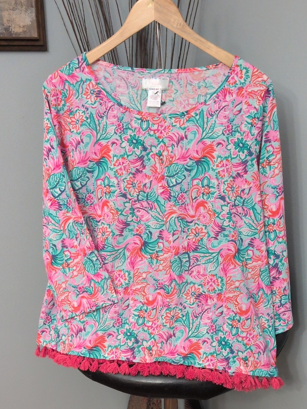 Women's Long Sleeve Floral Tee with Tassel Hem - Pink & Teal